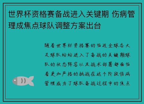 世界杯资格赛备战进入关键期 伤病管理成焦点球队调整方案出台